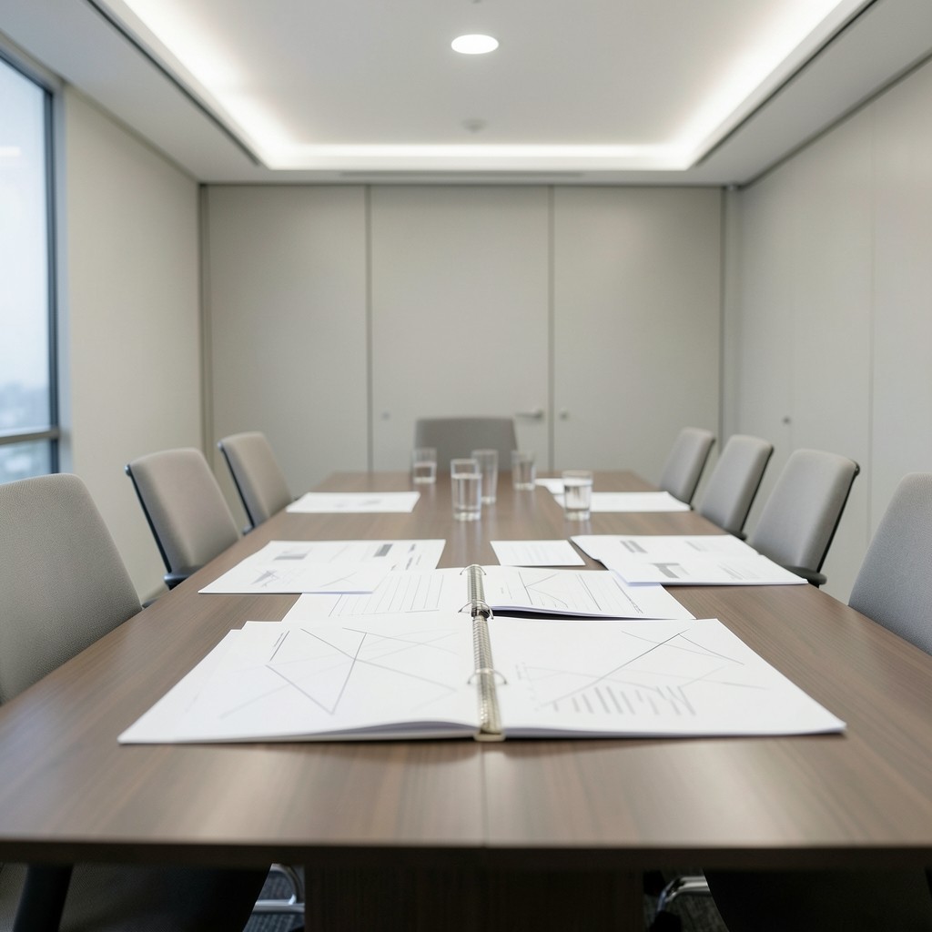 Open binder with clean chart pages on a conference table before a meeting
