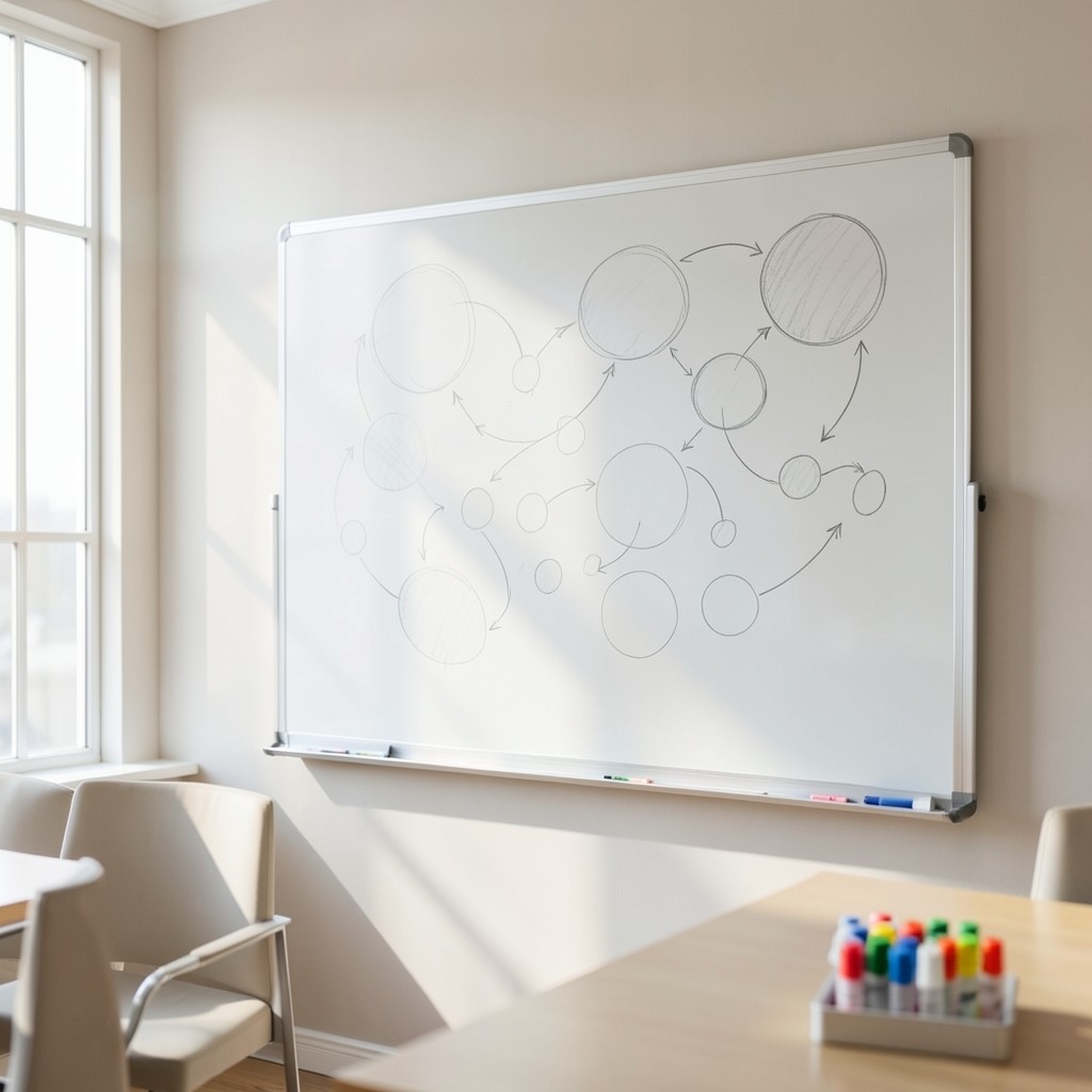 Whiteboard with soft pencil sketches of clinic metric categories in a bright meeting room