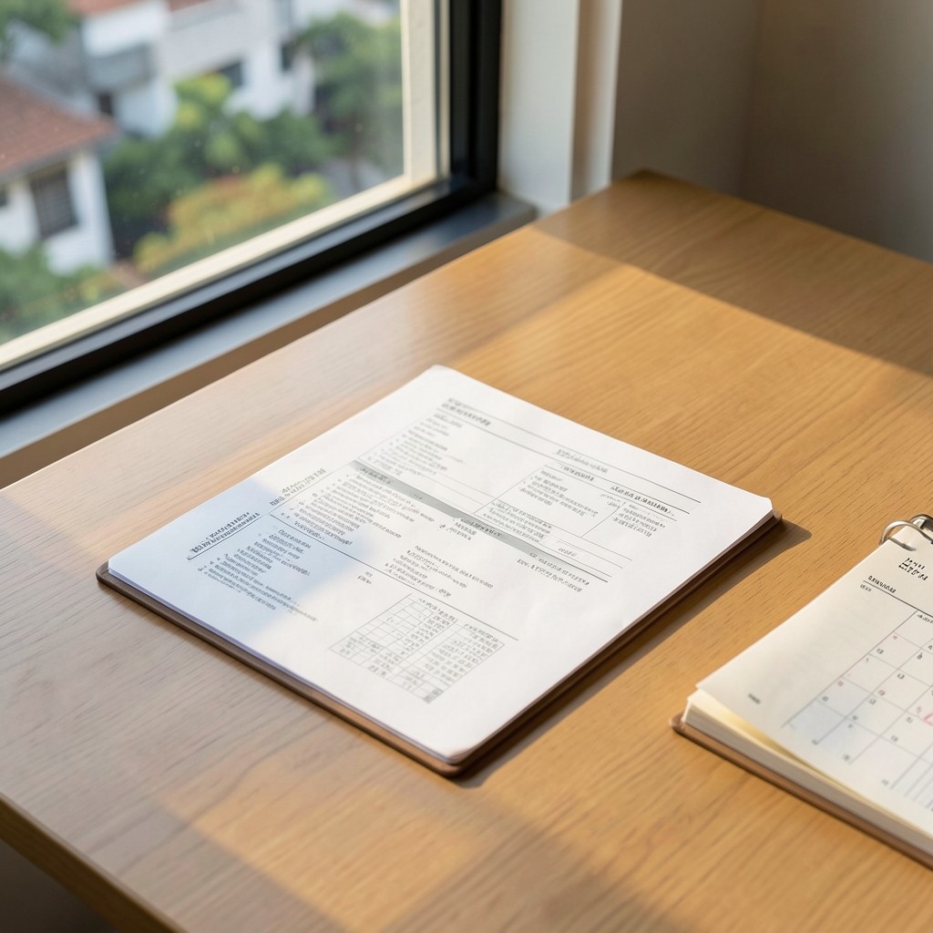 Neat folder of printed clinic reports and a calendar on a desk near a window