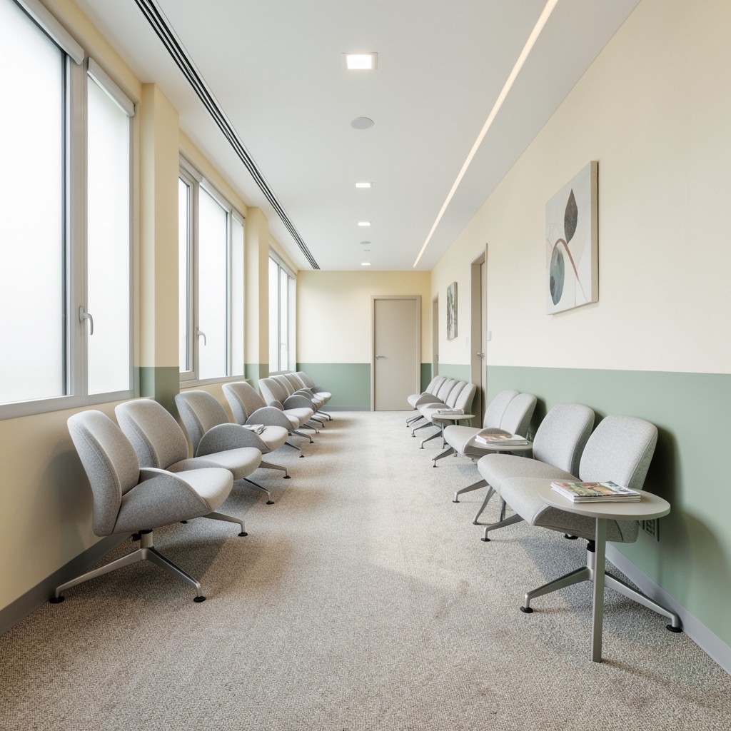 Clinic corridor with soft daylight and empty waiting chairs suggesting patient flow
