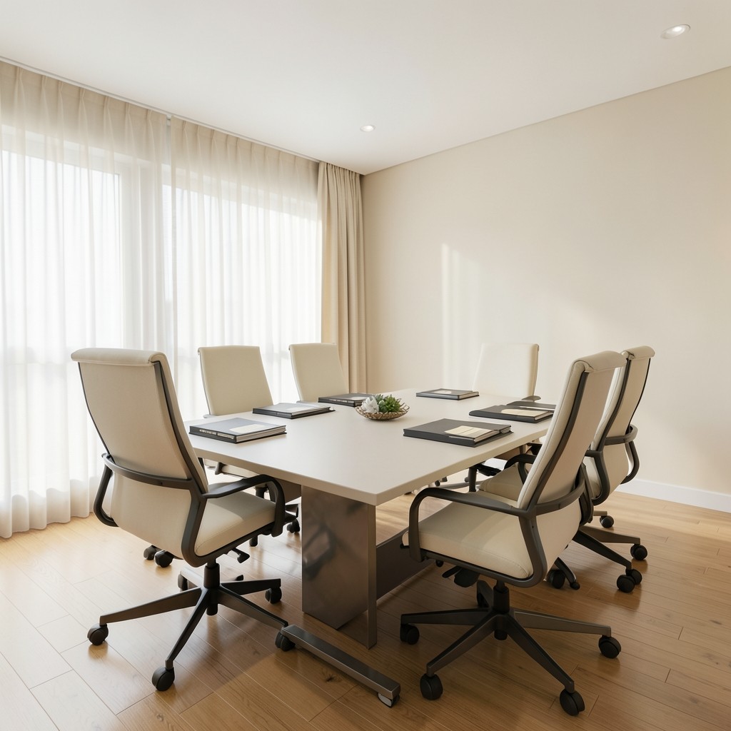 Conference room ready for a board meeting with neat document stacks