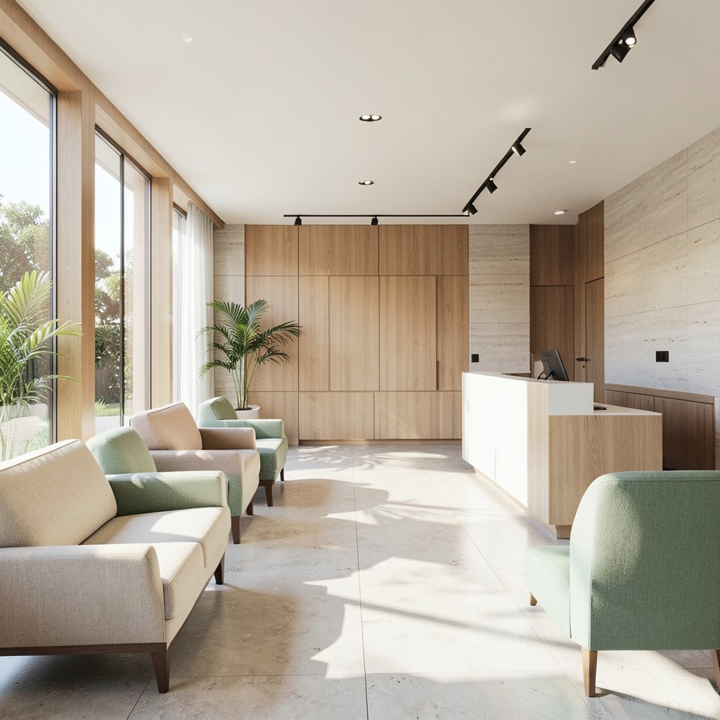 Bright clinic reception area with soft seating and a calm waiting space