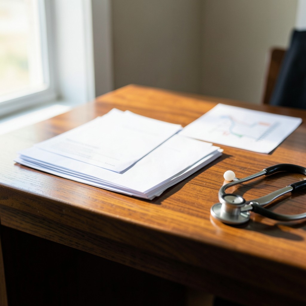 Physician desk with referral forms and a simple chart printout in natural light