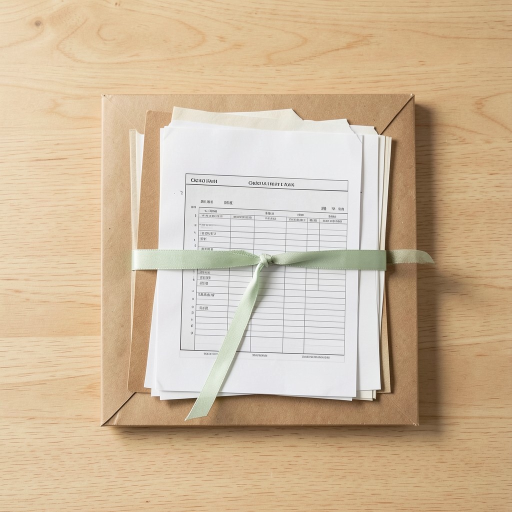 Open case folder with clinic chart samples on a light wood table