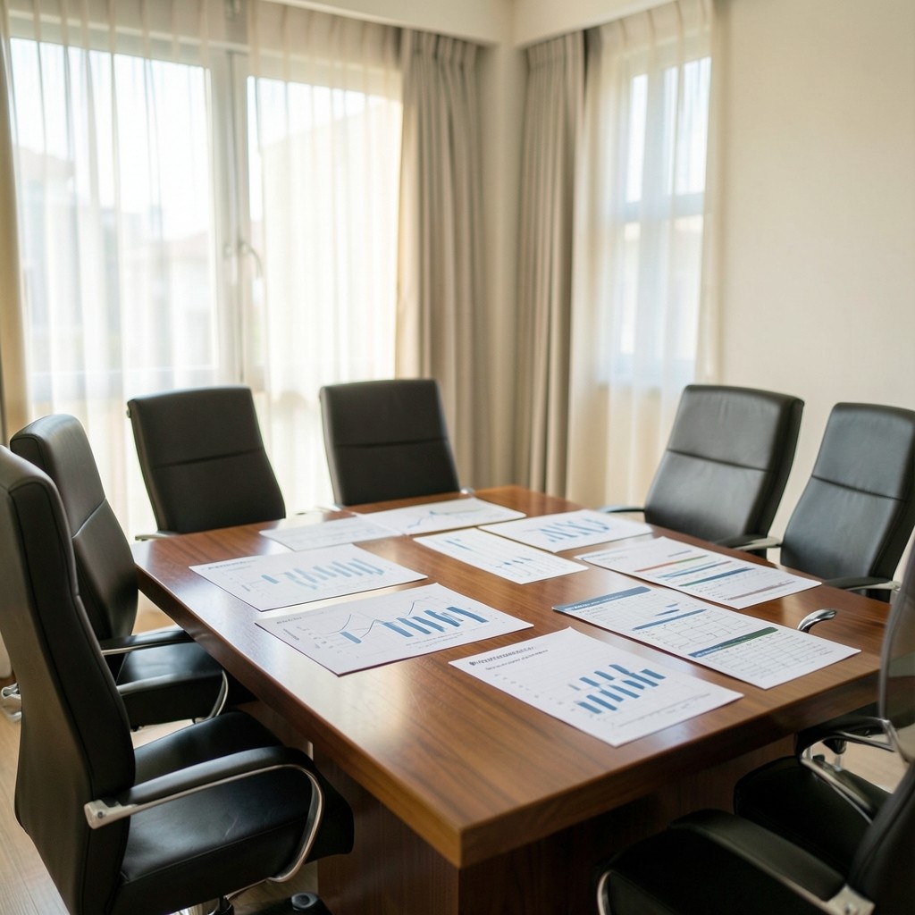 Calm clinic meeting room with printed clinical charts and soft morning light