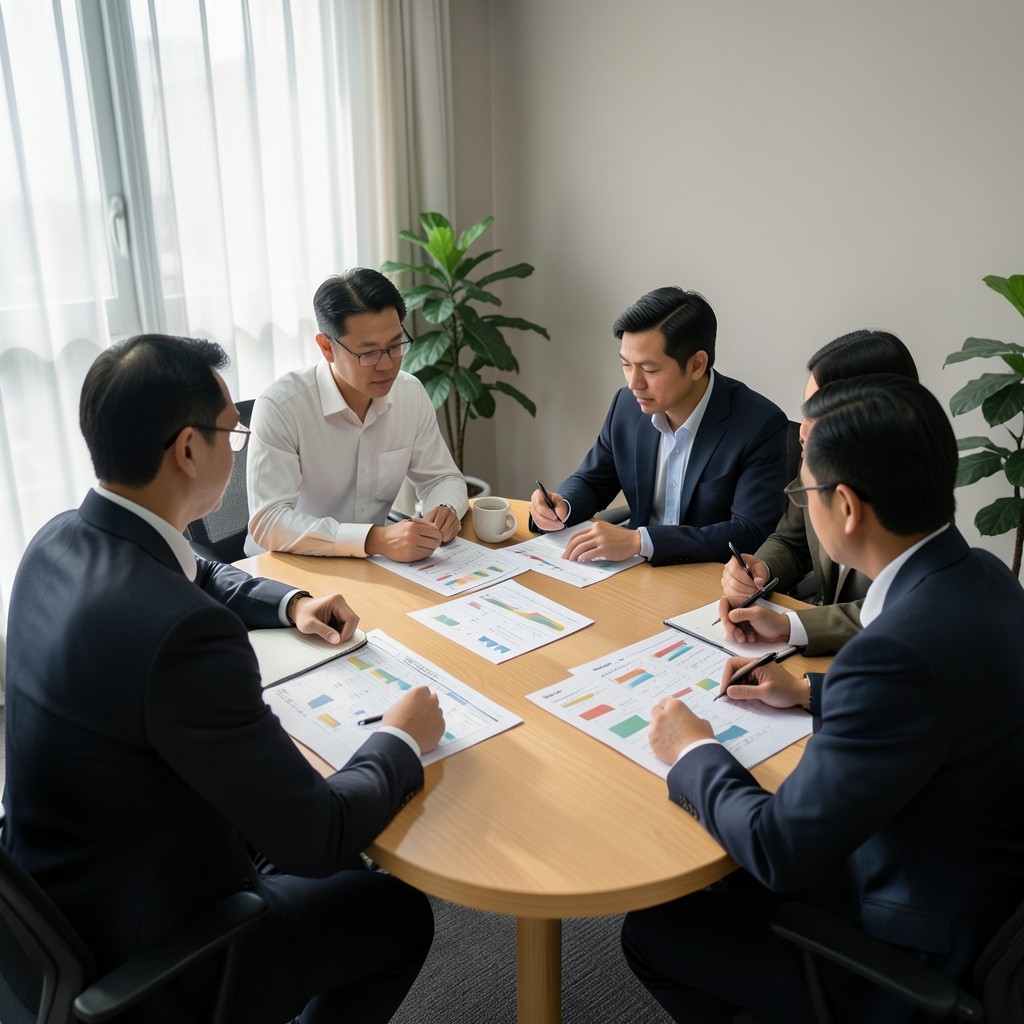 Small group around a conference table studying large printed clinical charts