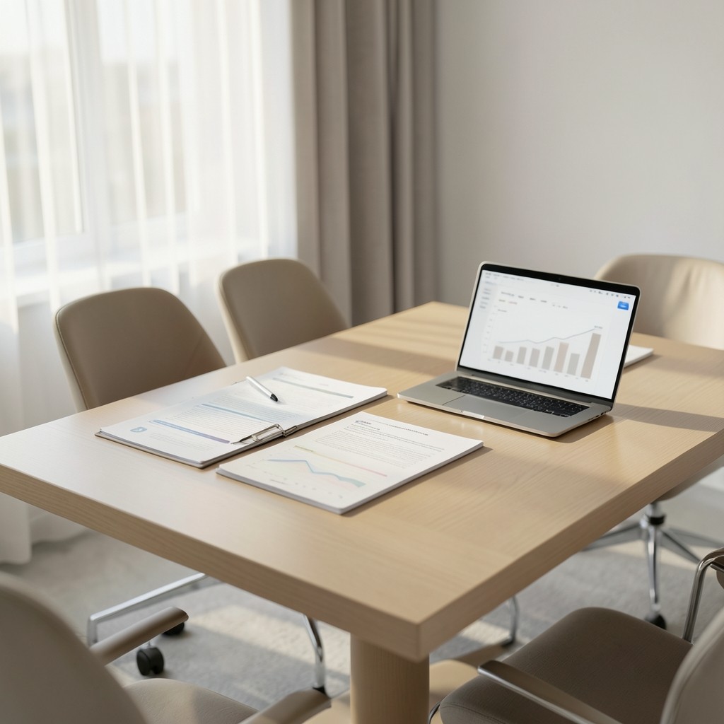 Printed clinical charts and a laptop showing a calm dashboard layout on a clinic meeting table