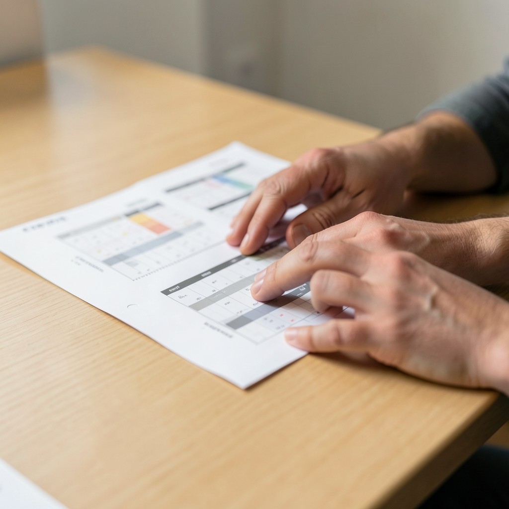 Hands adjusting printed chart printouts on a light wooden table